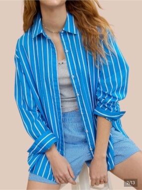 aerie good day button down shirt Blue White Striped 100% cotton NWT XS